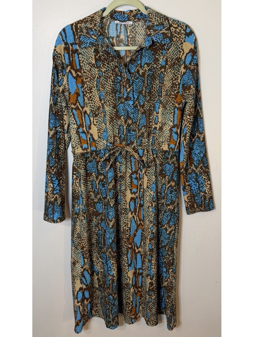 Zara Trafaluc Blue Snakeskin Midi Shirt Dress Tie Waist Python Animal Print S